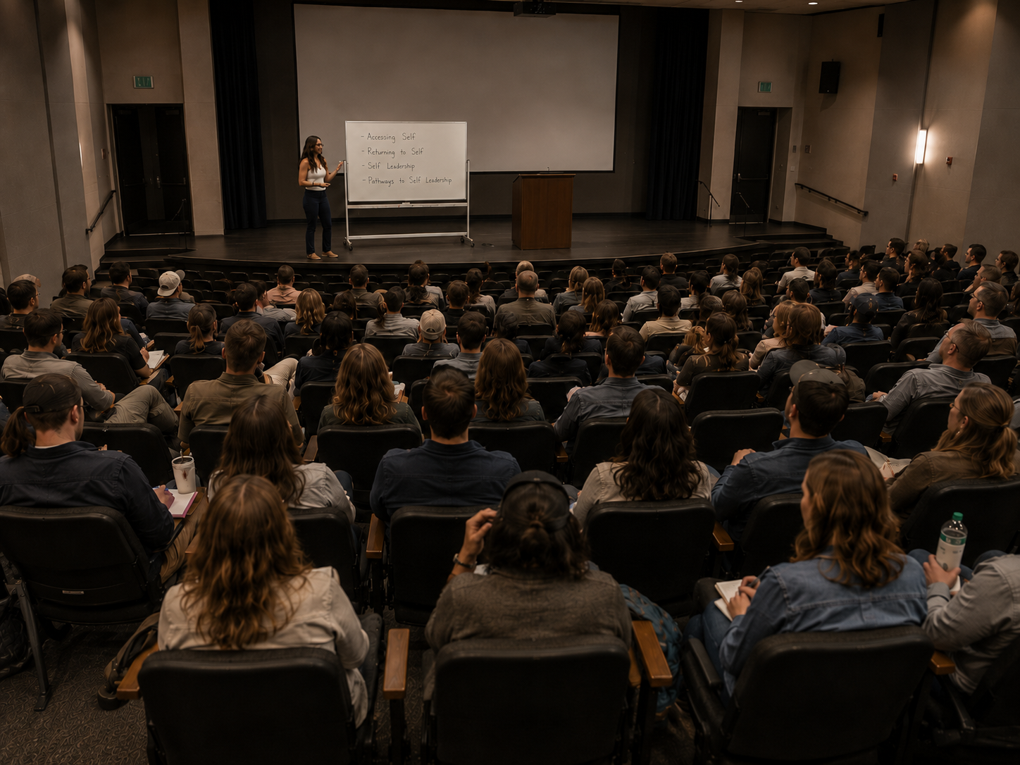 Emily Frydrych leading a Lifting From Within workshop, presenting to a full auditorium